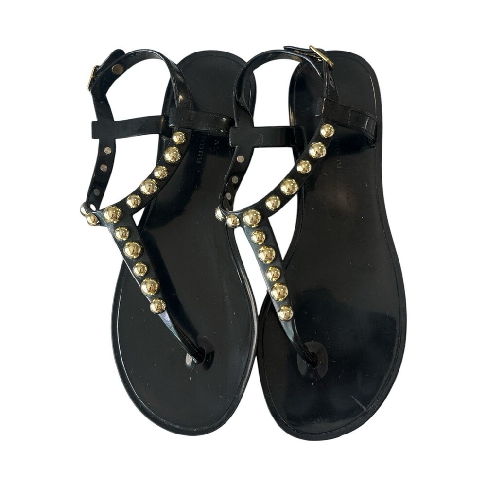 Chinese Laundry Black Studded Jelly T Strap Sandals Gold Studs Women’s Size 8 - Picture 3 of 6